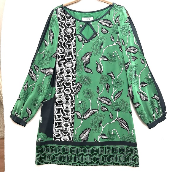 Tibi Dresses & Skirts - Tibi Silk Dress Sz 8 Green Geometric Floral Cut Out Arms Bateau Luxury